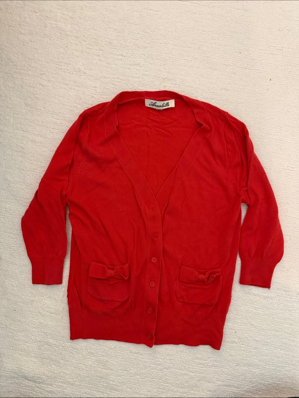Annabella Bright Coral V-Neck Button Cardigan with Pocket Bows